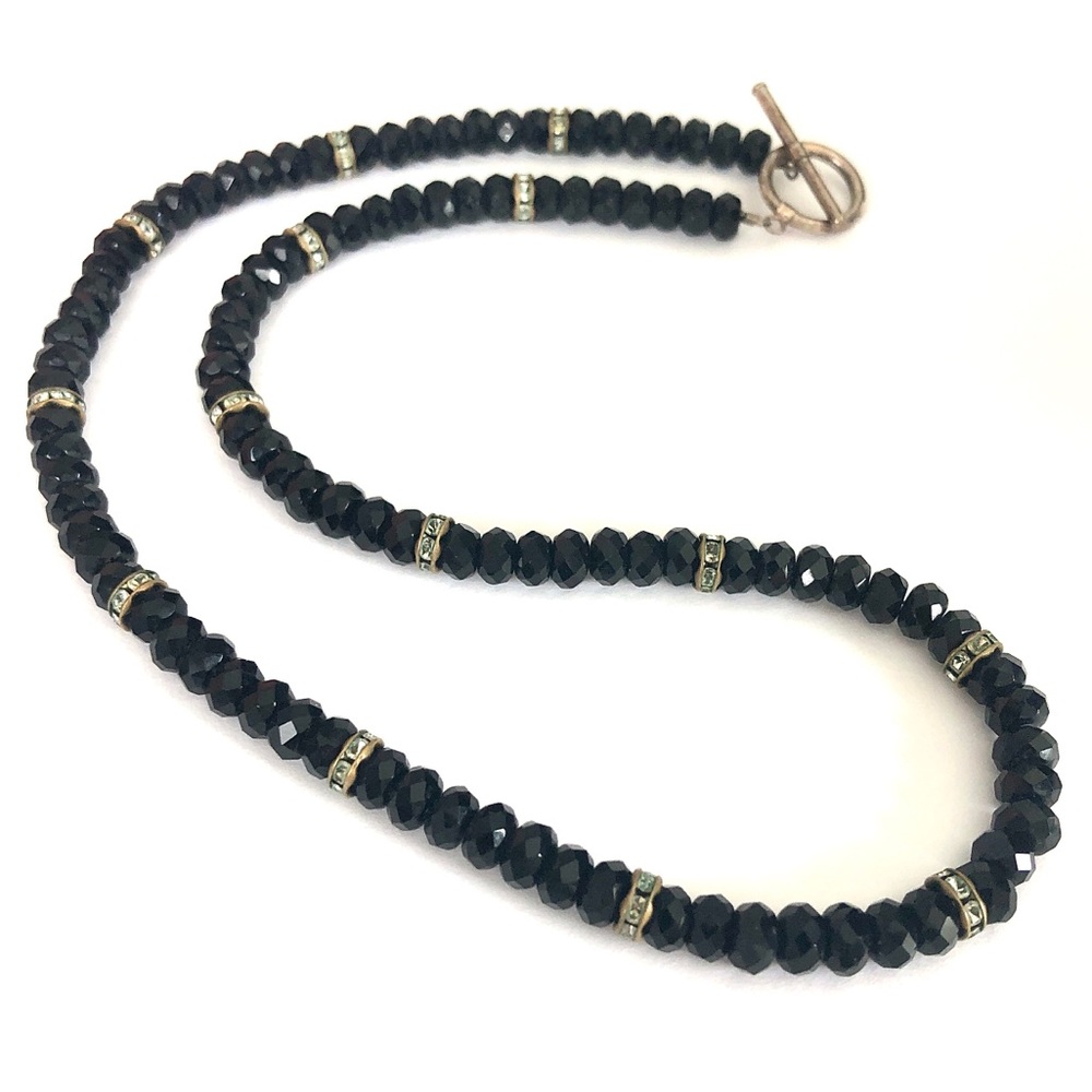 Vintage Black Glass Necklace Rhinestone Rondelle - Picture 1 of 7